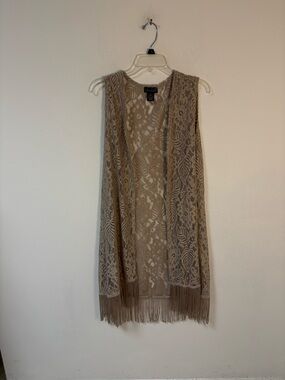 Questions Womens  Lace Fringe Duster Vest in Taupe Hippie Cardigan 1X